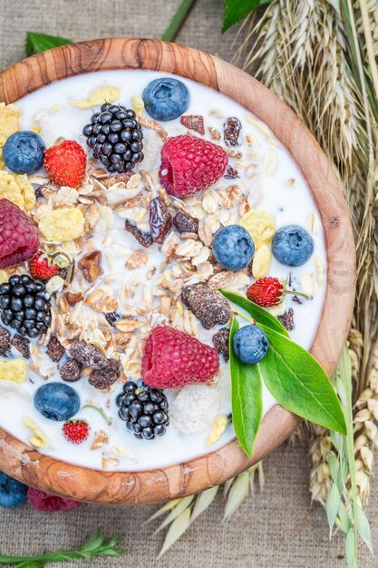 Granola saludable con bayas y leche en el jardín