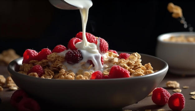 Granola de yogur con bayas frescas, un postre saludable generado por IA