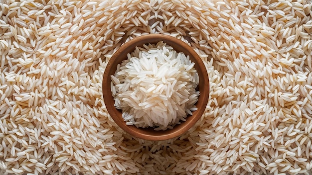 Granos de arroz aislados en cuenco de madera