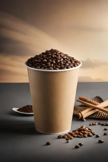 granos de bebida de café y trozos de azúcar de caña en un vaso de papel sin desperdicio sobre fondo gris