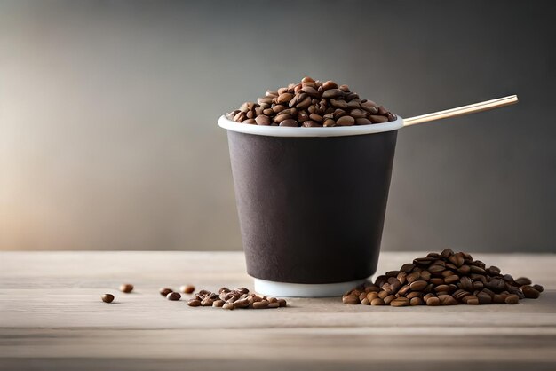 granos de bebida de café y trozos de azúcar de caña en un vaso de papel sin desperdicio sobre fondo gris