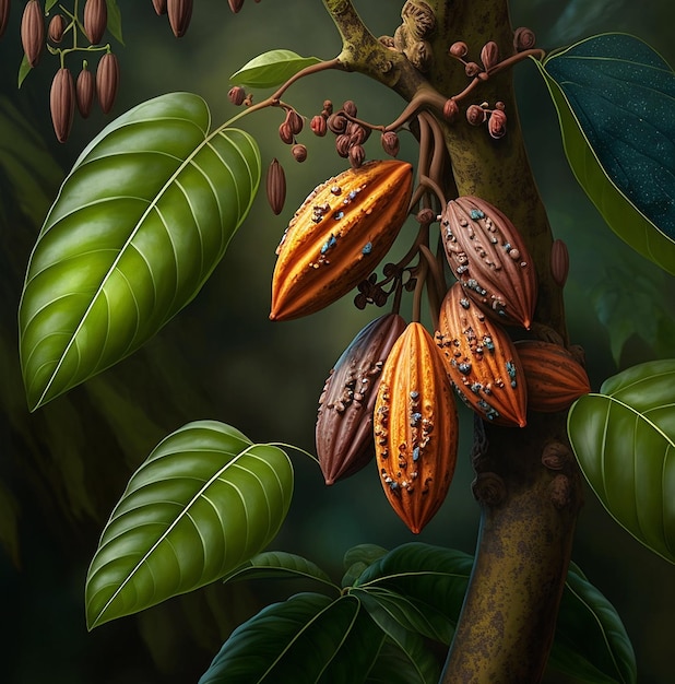 Granos de cacao en un árbol IA generativa