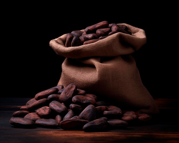 Foto granos de cacao en bolsas de fondo negro con espacio de copia generado