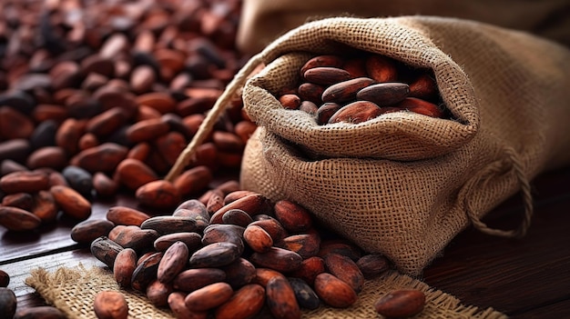 Granos de cacao cacao en bolsa de tela de saco sobre una mesa de madera Ai generativo