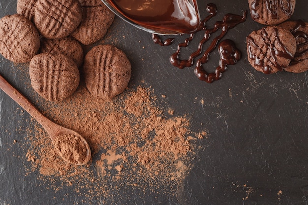 Granos de cacao y cacao en polvo en una cuchara de madera