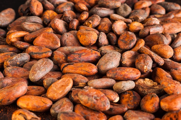 Granos de cacao de cerca, esparcidos sobre la mesa