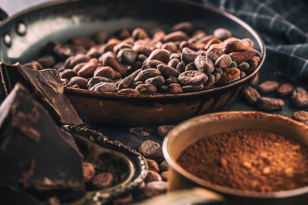 Granos de cacao chokolate oscuro y polvo sobre mesa de hormigón.