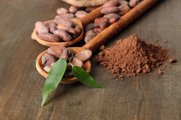 Granos de cacao en cucharas y cacao en polvo sobre fondo de madera