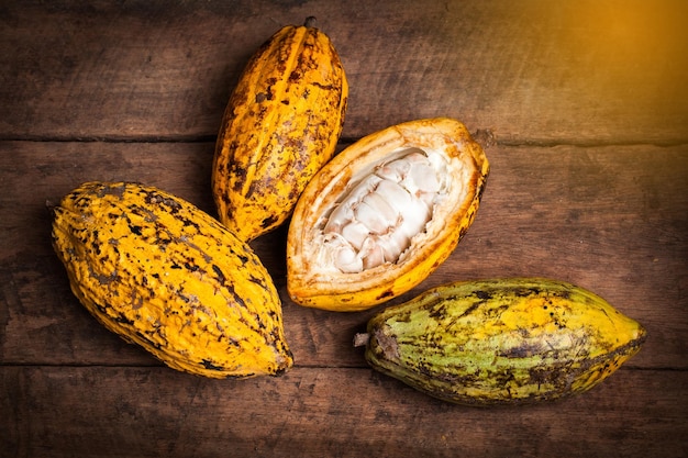 Granos de cacao y vaina de cacao sobre una superficie de madera