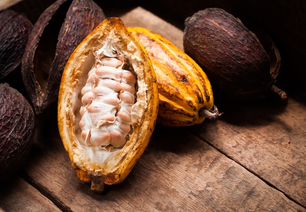 Granos de cacao y la vaina de cacao en una superficie de madera.