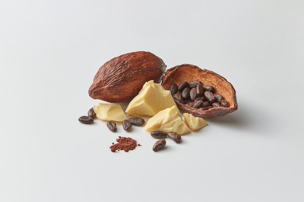 Granos de cacao en vaina y mantequilla