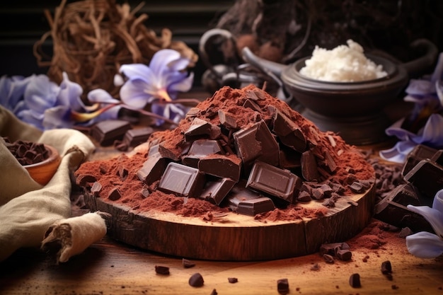 Granos de cacao y virutas de chocolate sobre superficie de madera