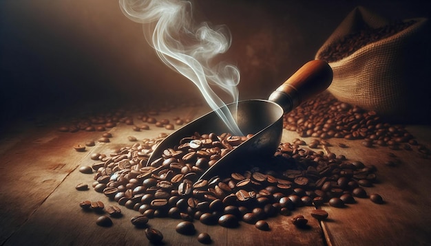 Los granos de café al vapor en una cuchara de madera