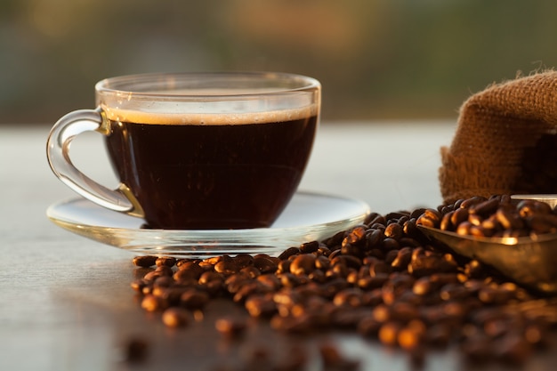 Granos de café arábica tostados negros y taza llena de café