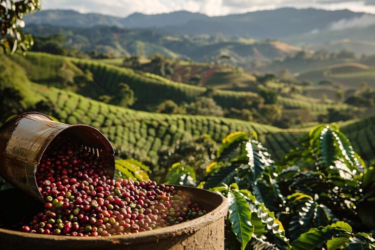 Los granos de café arábica se vierte de un cubo de metal en un recipiente en una plantación
