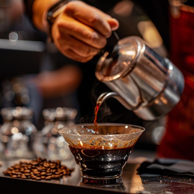 Los granos de café aromáticos se vierte en un cuenco de vidrio