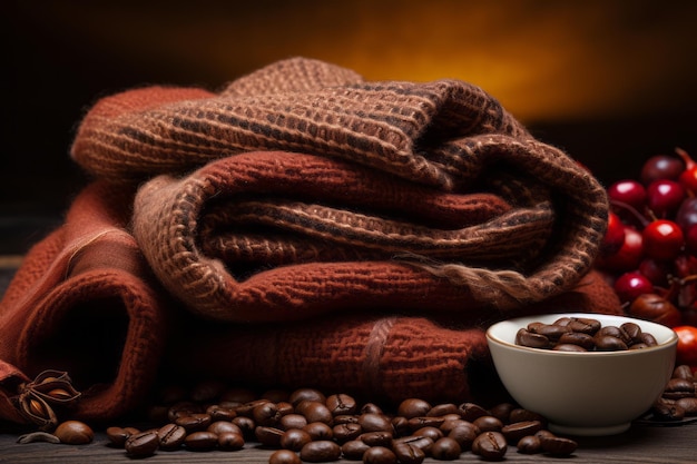 Foto los granos de café asados en la mesa de la cocina con servilletes cerca