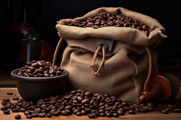 granos de café y bolsa de café