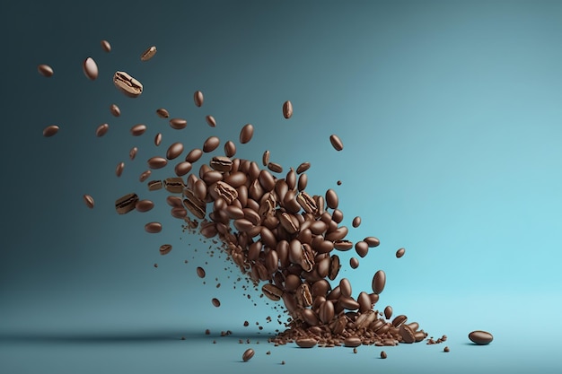 Granos de café cayendo en el aire sobre un fondo azul claro en un estudio fotográfico