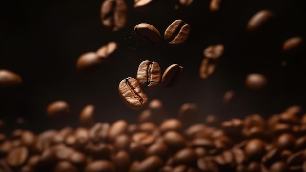 Granos de café cayendo de un fondo negro