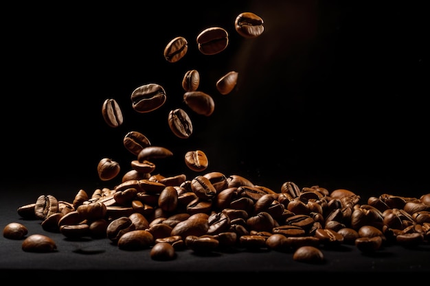 granos de café cayendo sobre un fondo negro