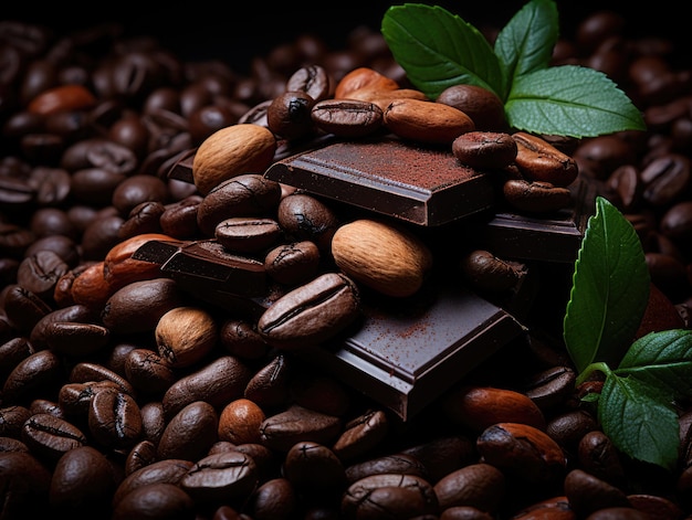 Granos de café, chocolate y hojas de menta sobre un fondo oscuro