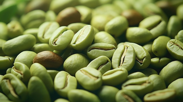 Los granos de café crudos no tostados se amontonan en un fondo de luz natural Contenido generado por IA