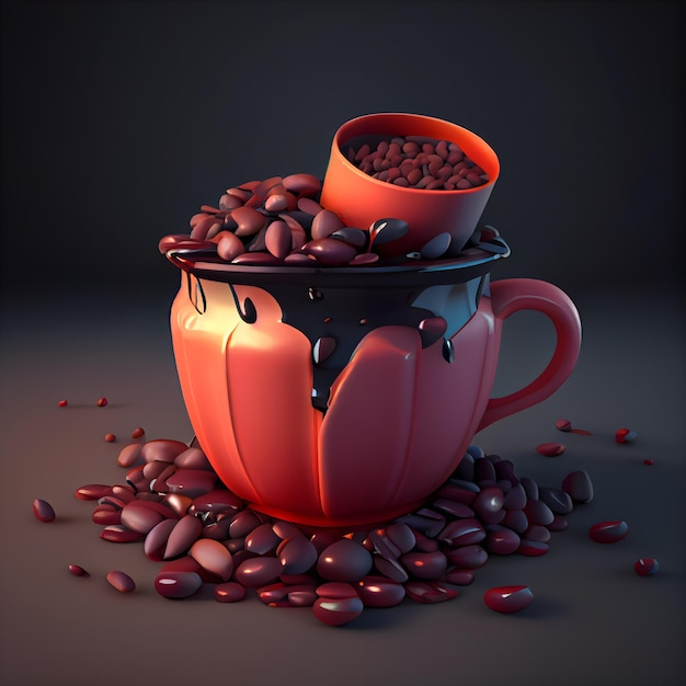 Granos de café derramados de una taza de ilustración 3d