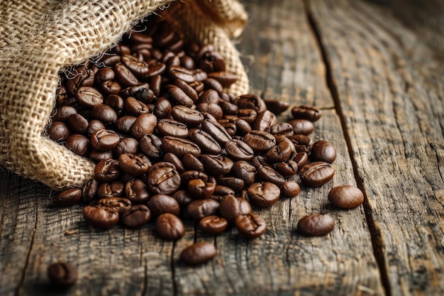 Foto los granos de café se derraman de un saco de burlap