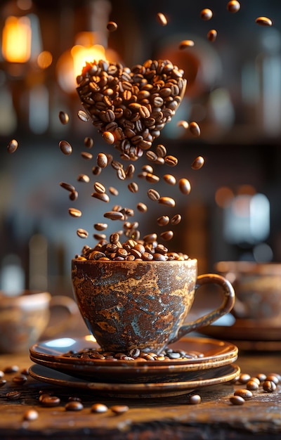 Los granos de café están cayendo en la taza de café con salpicaduras en forma de corazones