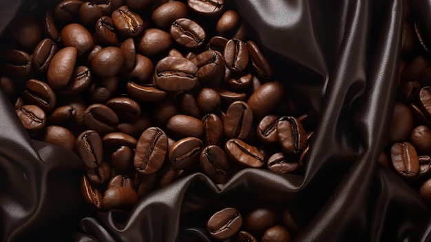 Granos de café en el fondo de seda de primer plano