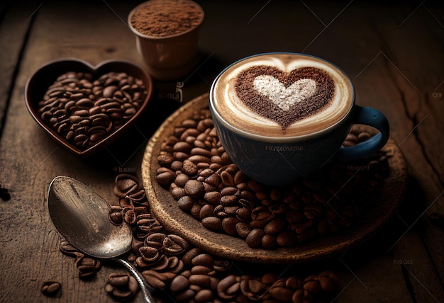 Granos de café en forma de corazón y taza de café con leche en ilustración de madera AI generativo