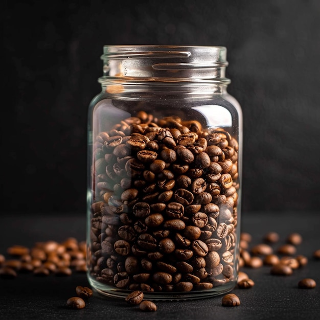 Granos de café en un frasco de vidrio sobre un fondo negro