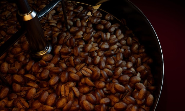 Granos de café frescos en un horno tostador Para secar o tostar granos de café