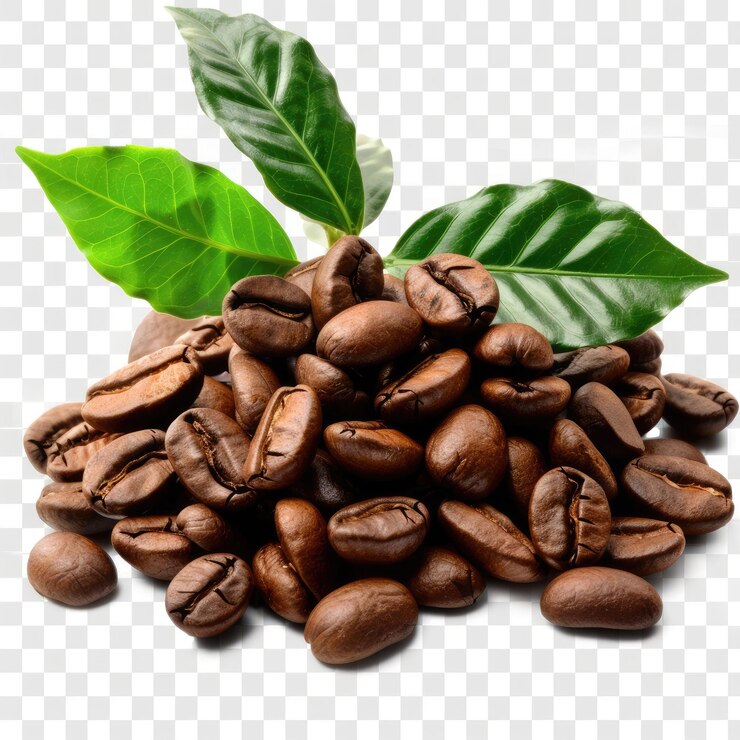 los granos de café y una hoja están dispuestos en un fondo blanco
