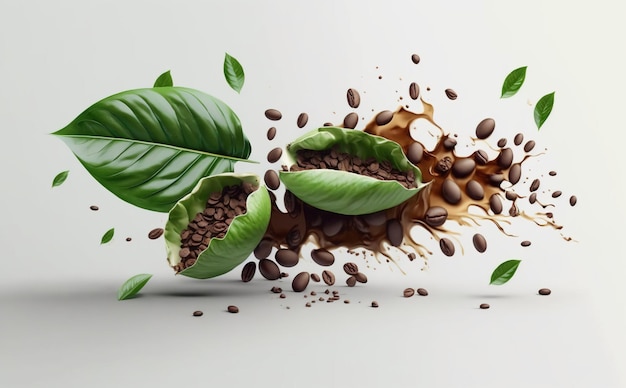 granos de cafe con hoja verde photo
