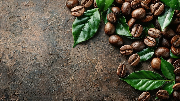Granos de café y hojas verdes de café en un fondo de hormigón vintage Vista superior