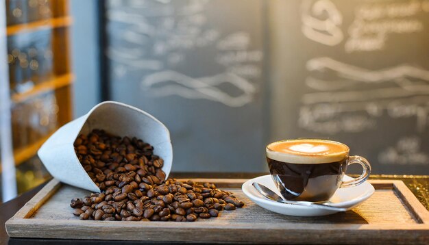 granos de café y humo en taza