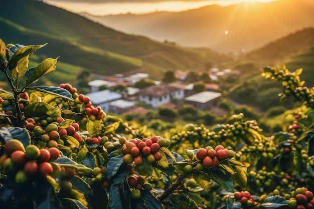 Granos de café madurando en una pintoresca y exuberante plantación de café de montaña