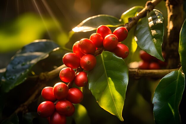 Los granos de café madurando en una rama del árbol de café