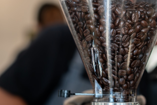 Granos de café en máquina tostadora para hacer polvo.