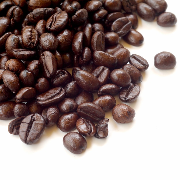 Granos de café marrón aislados sobre fondo blanco