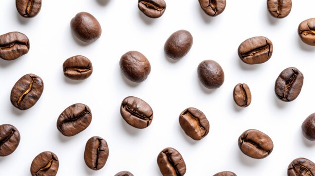 Foto granos de café marrón oscuro esparcidos sobre un fondo blanco para la industria de alimentos y bebidas