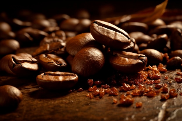 Foto los granos de café en la mesa de madera siguen generando vida ai 01
