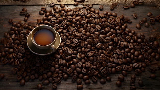 granos de café en una mesa de madera