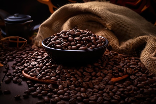 Granos de café negro arábica tostados frescos en un tazón