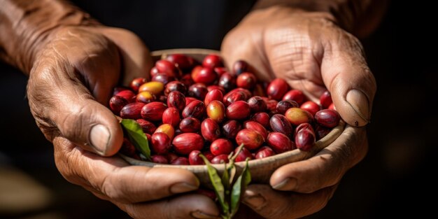 Foto granos de café en palmeras ia generativa