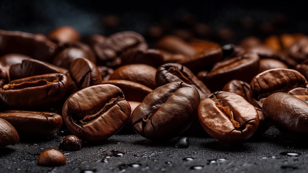 Foto granos de café en primer plano en fondo oscuro fondo borroso ia generativa