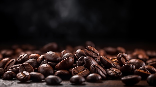 Foto granos de café en primer plano en fondo oscuro fondo borroso ia generativa