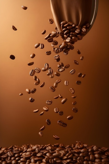 Granos de café que caen volando sobre fondo marrón